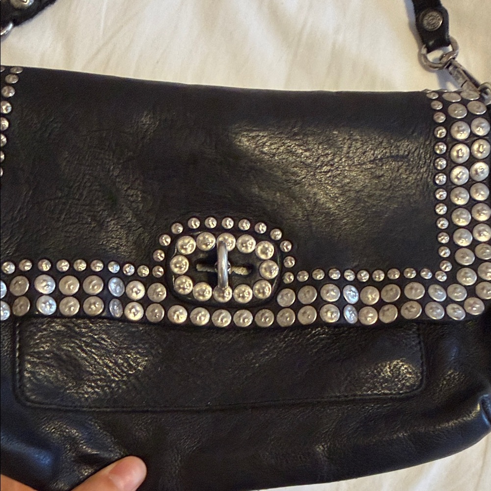 Campomaggi Black Leather Crossbody Bag with Silver Studs and Turnlock - Picture 2 of 12